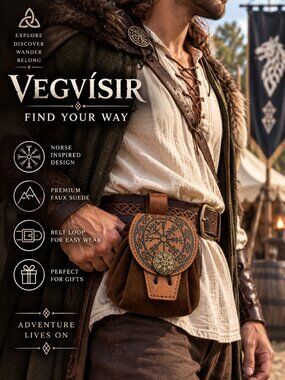 Vegvisir Norse Belt Pouch Viking Compass Renaissance Faire Brown Faux Suede Bag